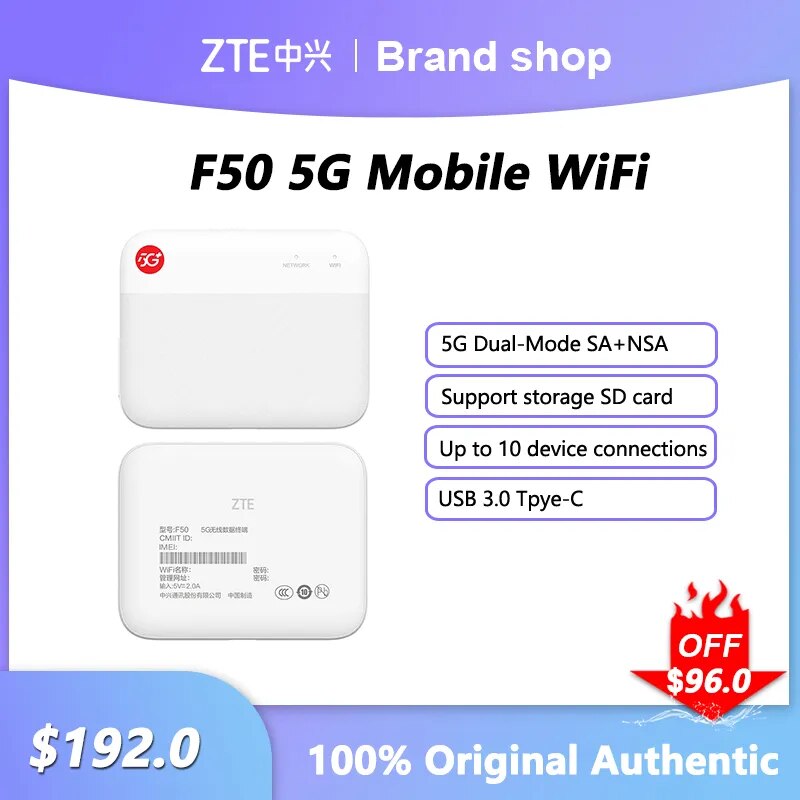 ZTE F50 5G MiFi Ʈũ ȣ , -6 SA/NSA ߿ ֽ  DL1.6 Gb/s UL 225 Mb/s WiFi SIM ī ,